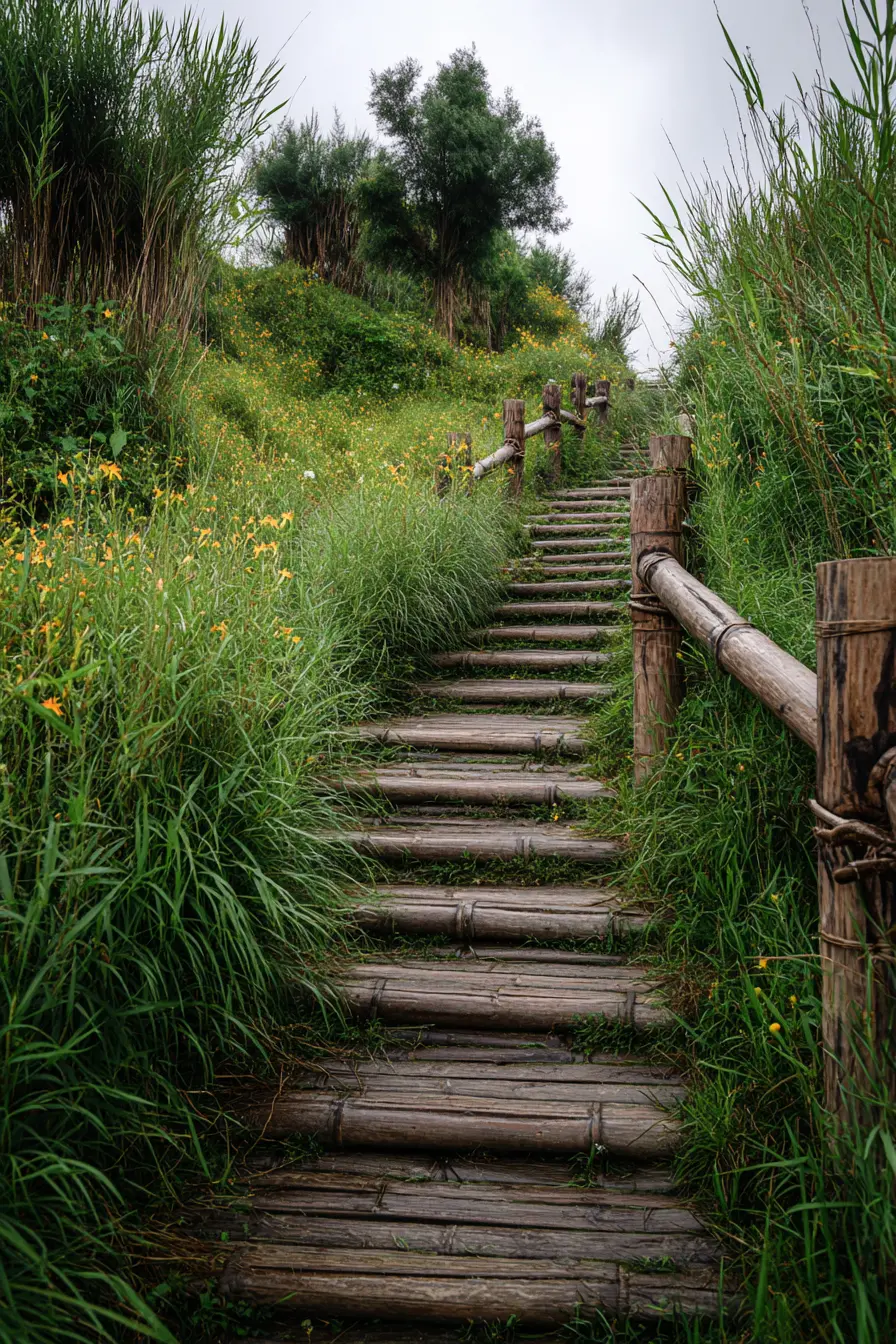 Bamboo Steps Surrounded by Lush Greenery