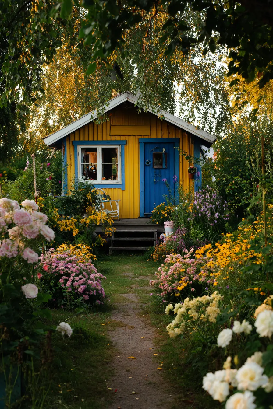 Bold Yellow and Blue Metal Shed for a Cheerful Garden