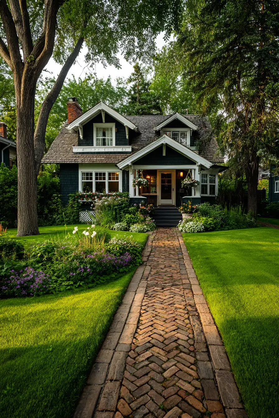 Charming Cottage with Dark Green Exterior and Brick Walkway