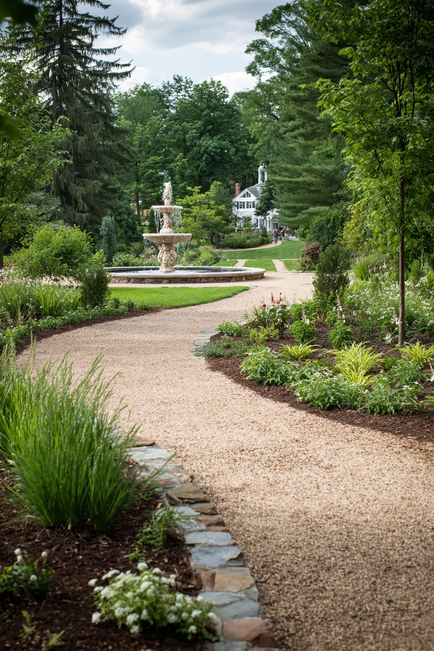 Classic Gravel Pathway with Fountain Centerpiece