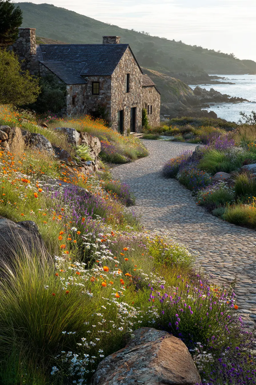 Coastal Stone Driveway with Wildflower Edges