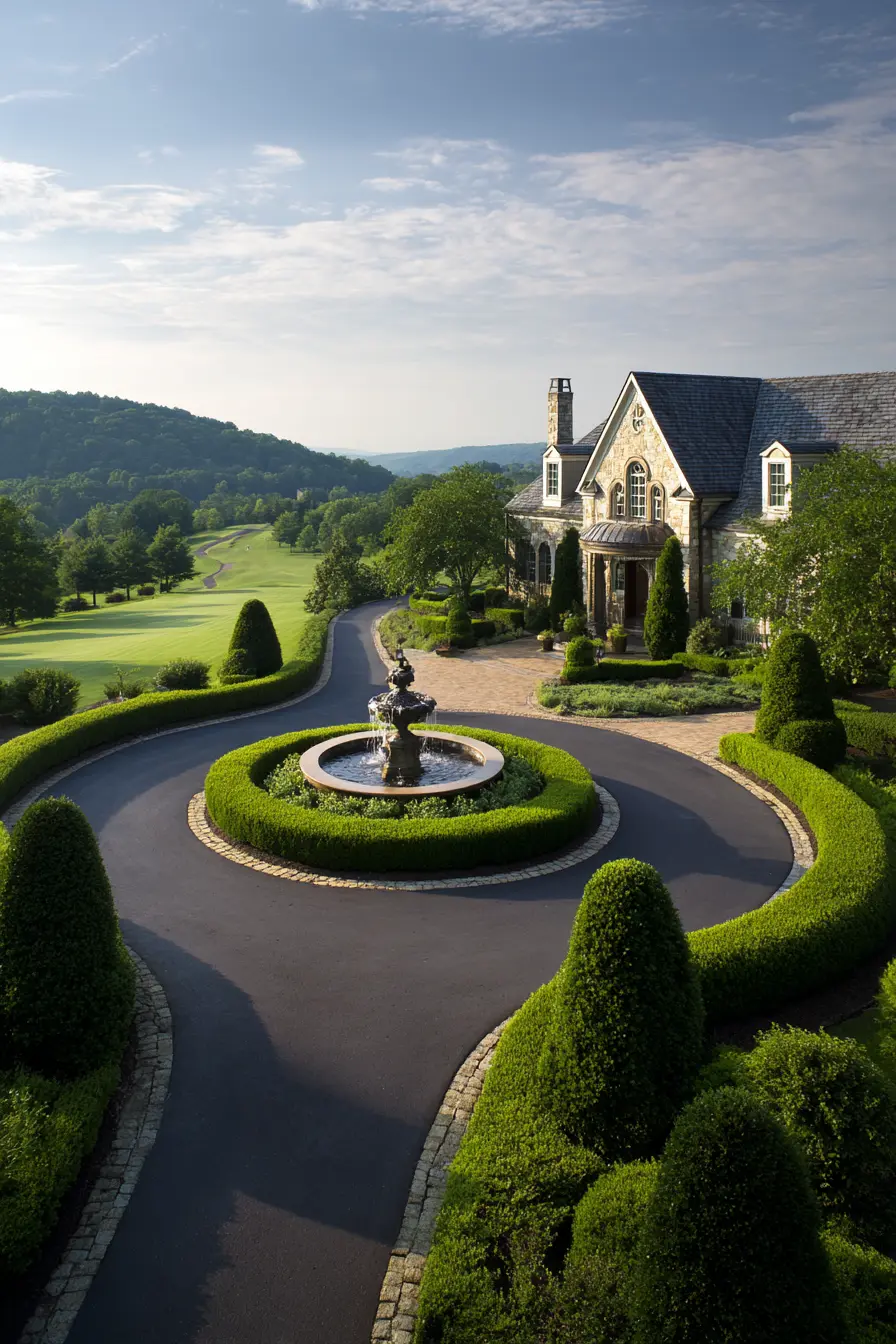 Country Estate Driveway with Fountain Centerpiece