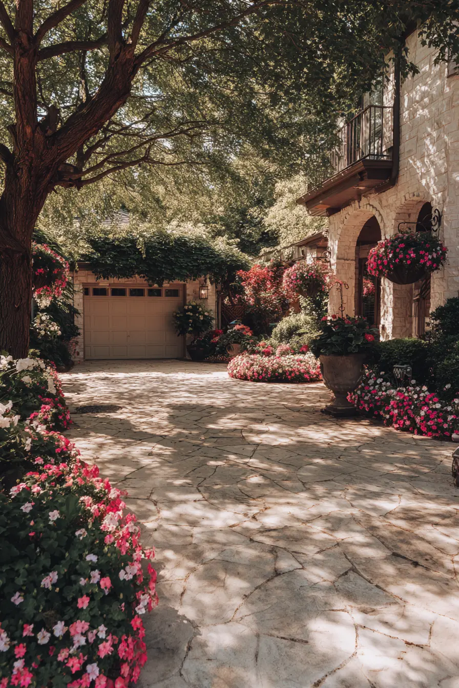 Stone Driveway Patio Surrounded by Blooming Gardens