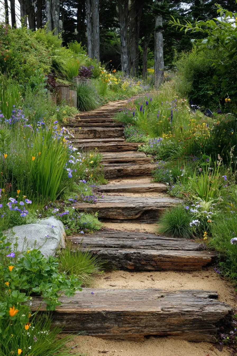 Railroad Tie Garden Steps with Wildflower Charm