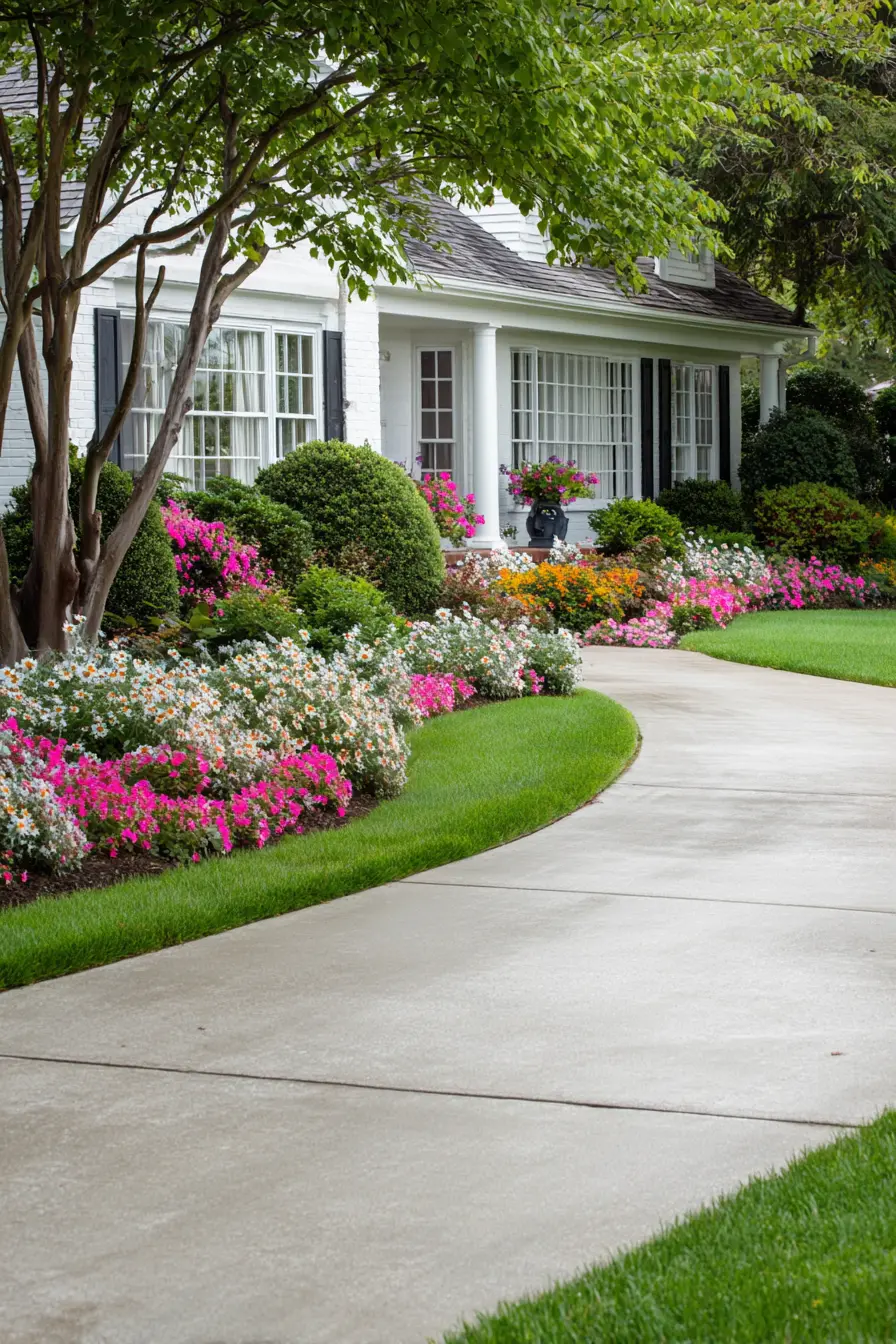 Concrete Driveway with Colorful Garden Borders