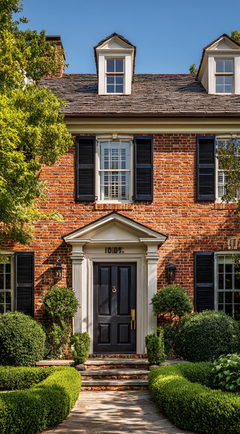 Crisp White Trim and Black Shutters on Red Brick