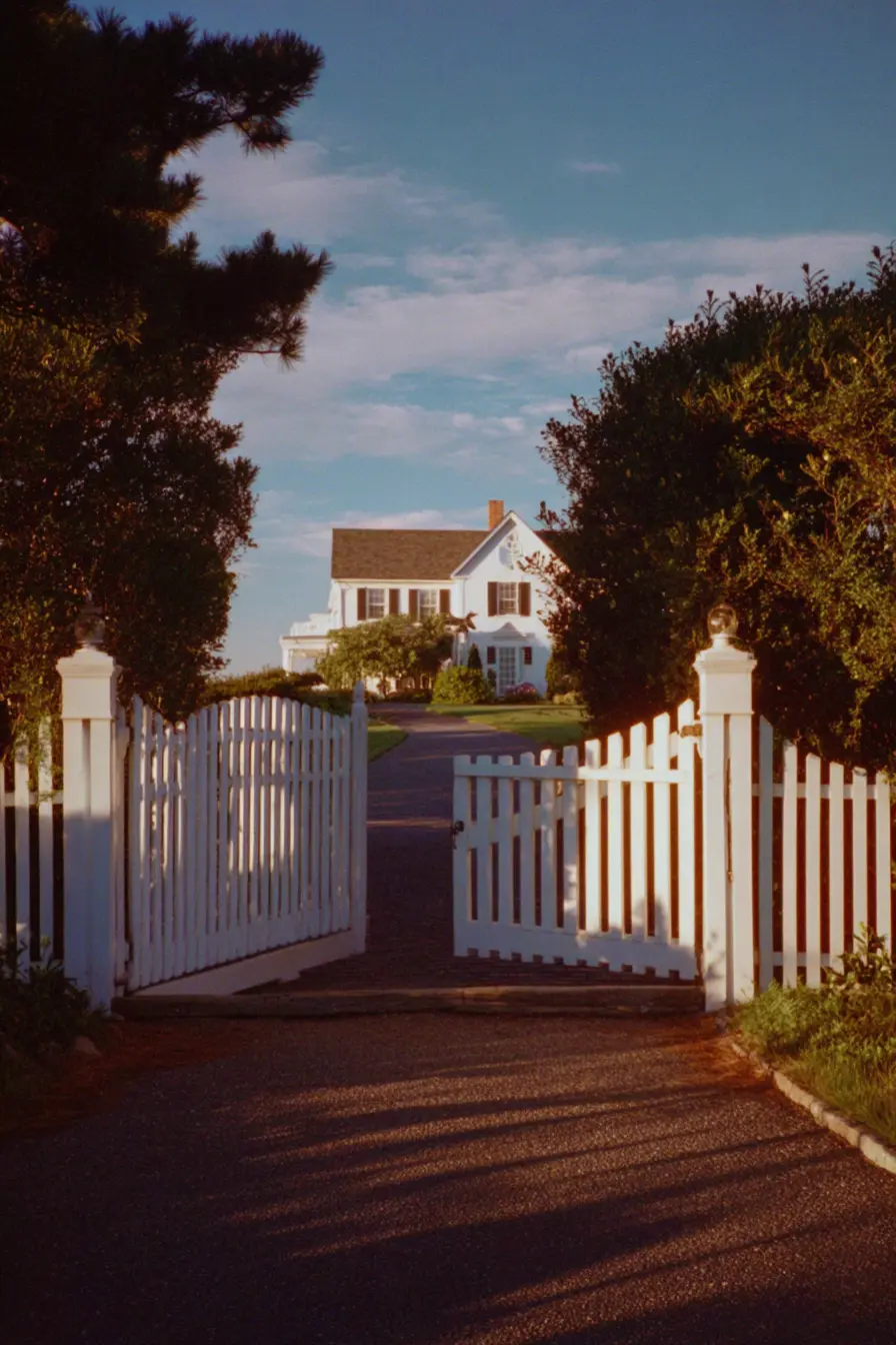 White Picket Gate Leading to a Classic Farmhouse