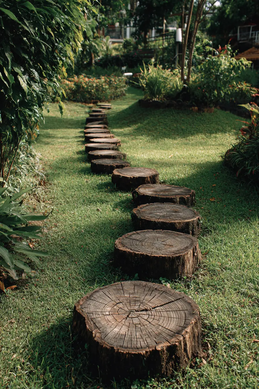 Rustic Grassy Path with Wooden Stepping Rounds