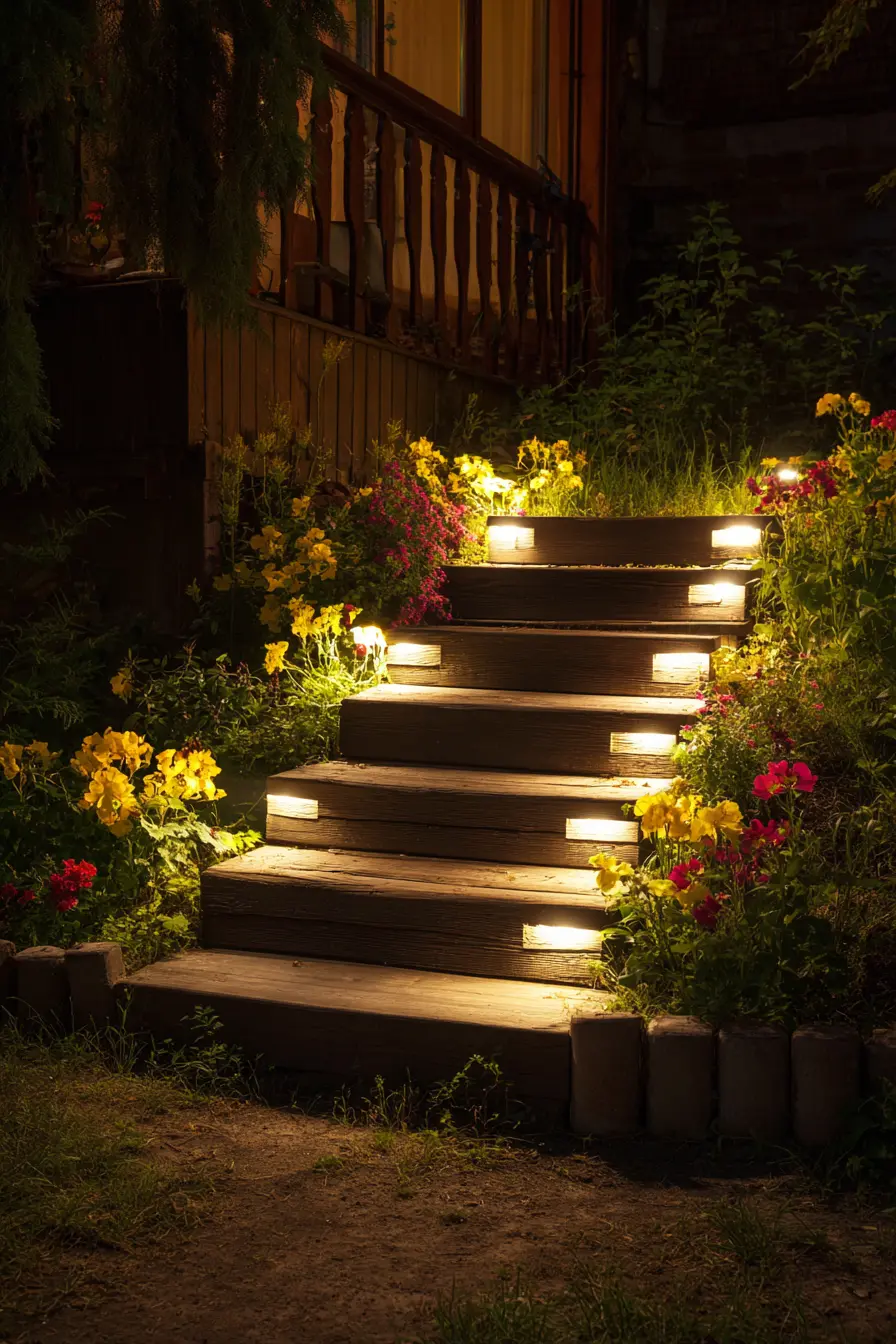 Illuminated Wooden Steps for a Cozy Night Garden