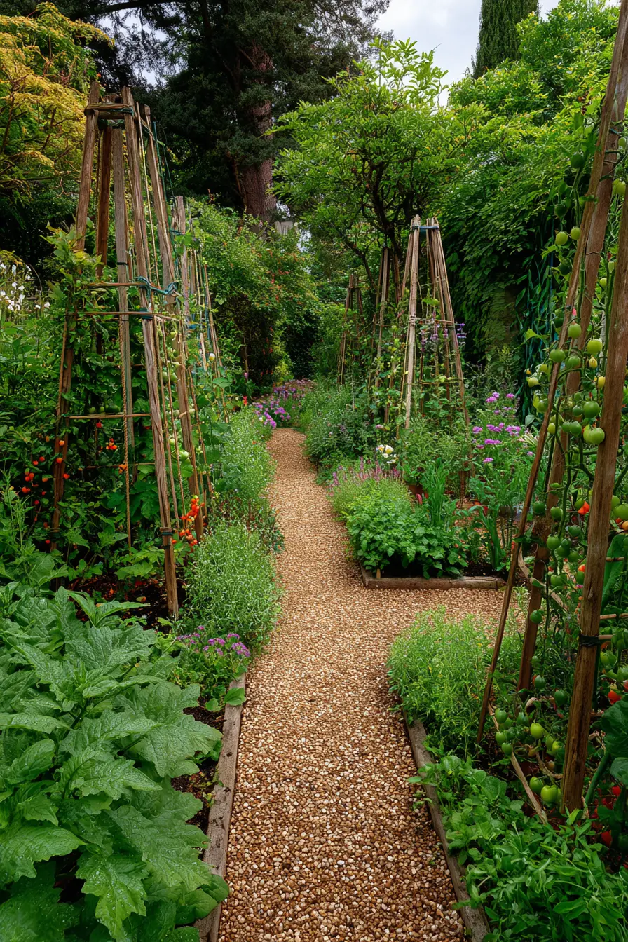 Gravel Pathway Surrounded by Vertical Garden Trellises