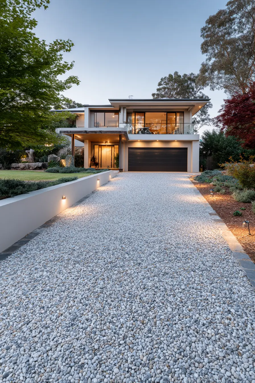 Modern Gravel Driveway with Sleek Lighting