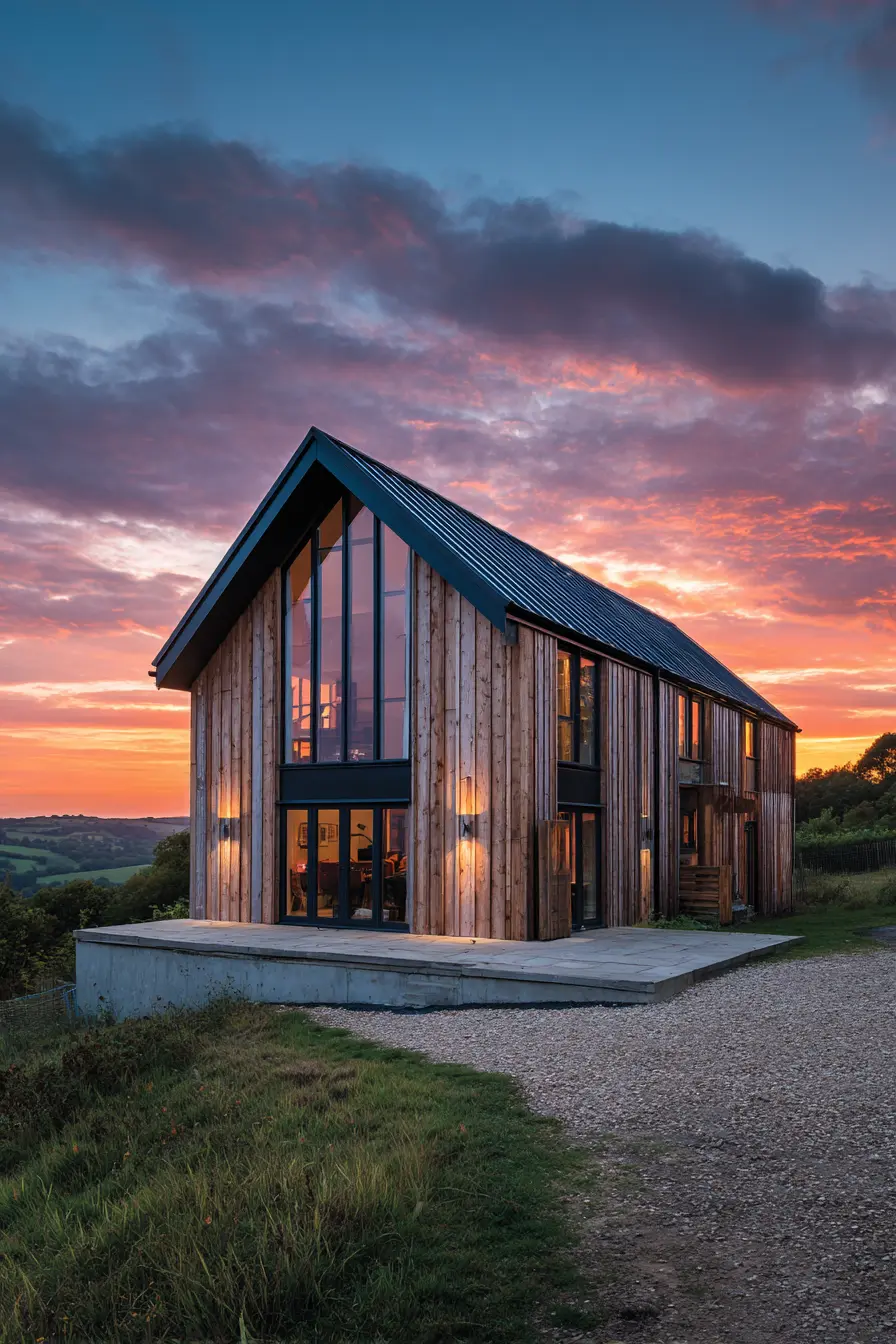 Rustic Barn House Framed by Sunset Views