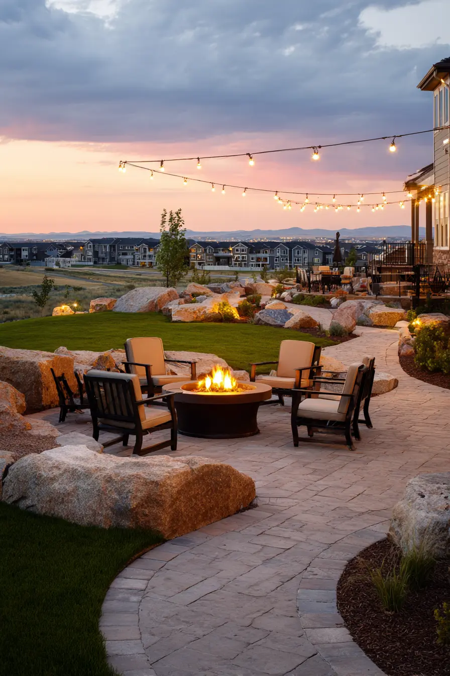 Scenic Backyard Pavers with Fire Pit Gathering