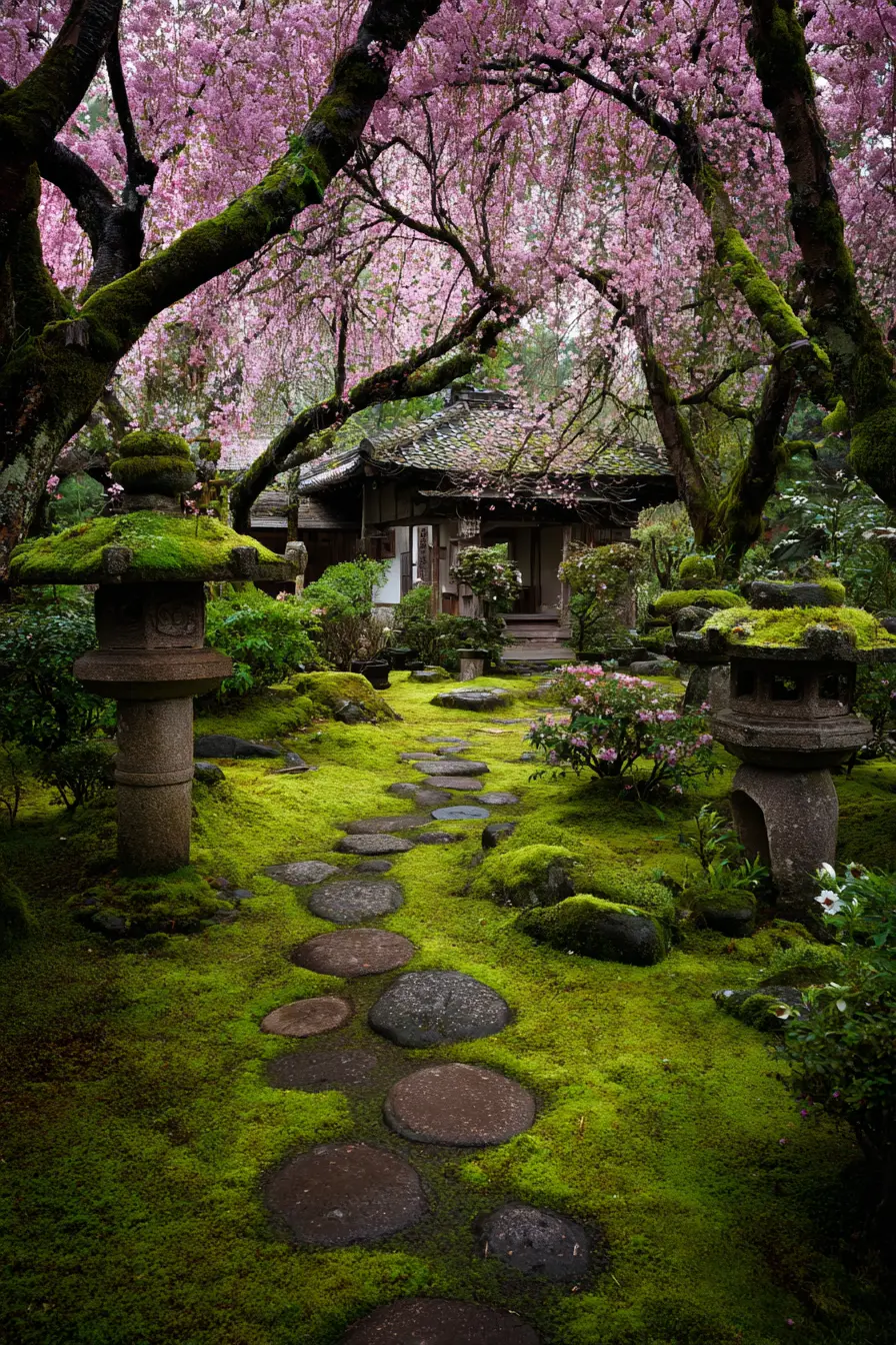 Zen Walkway with Moss and Cherry Blossoms