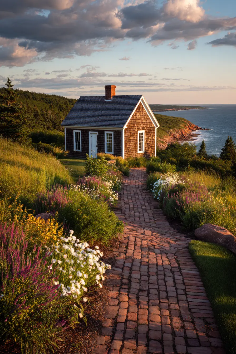 Coastal Brick Walkway to a Charming Shed