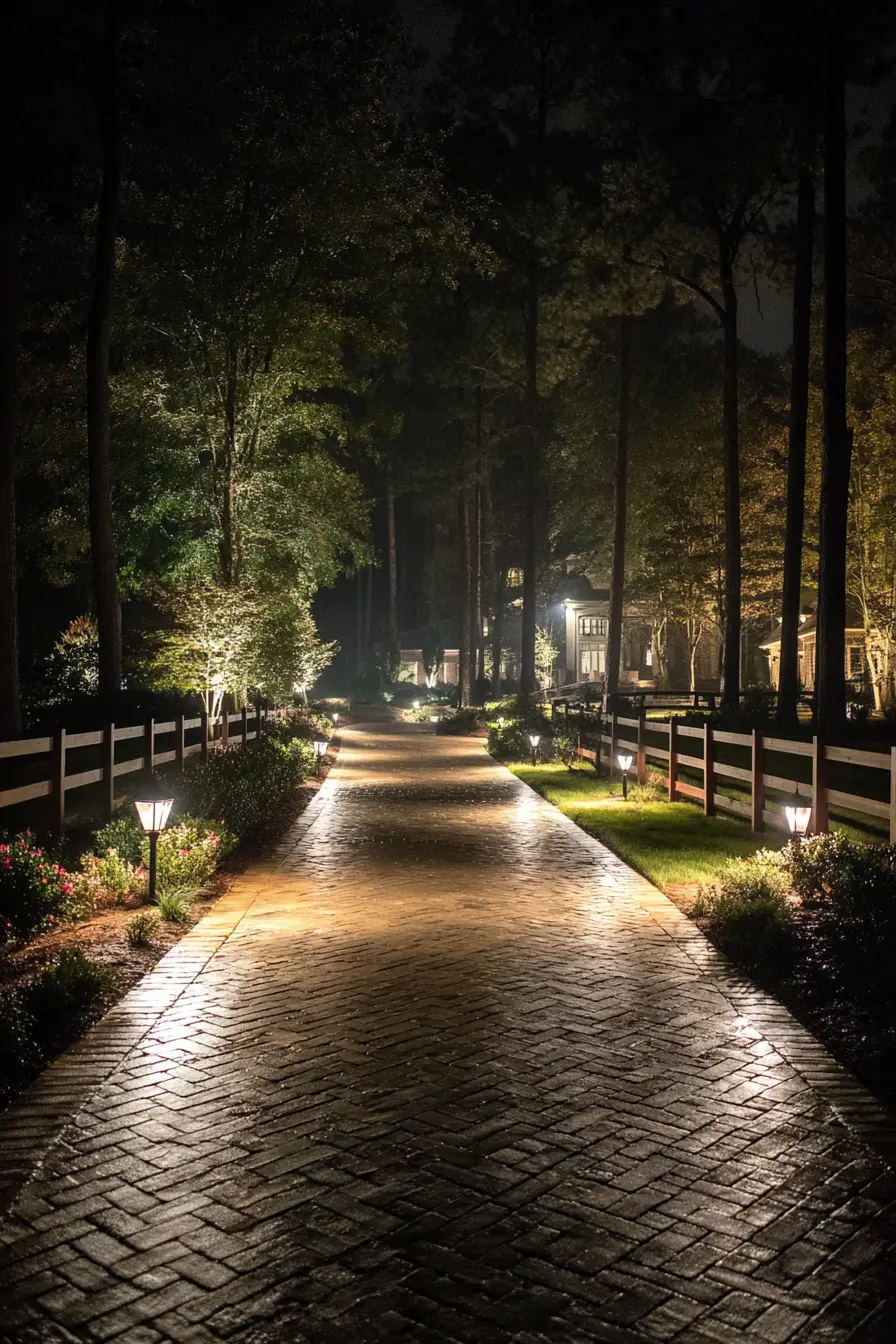 Horseshoe Driveway with Elegant Night Lighting