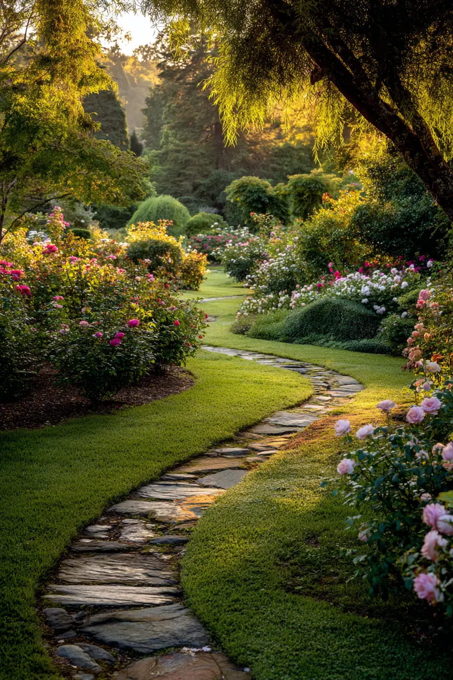 Stone Grass Walkway Through a Blooming Garden