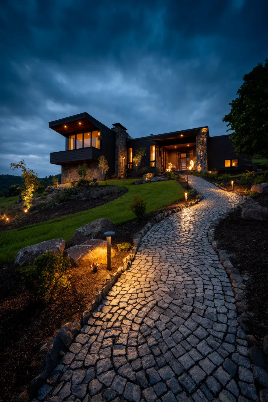 River Rock Border with Dramatic Night Lighting