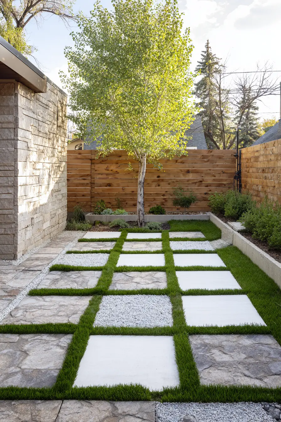 Modern Courtyard with Grass and Paver Grid