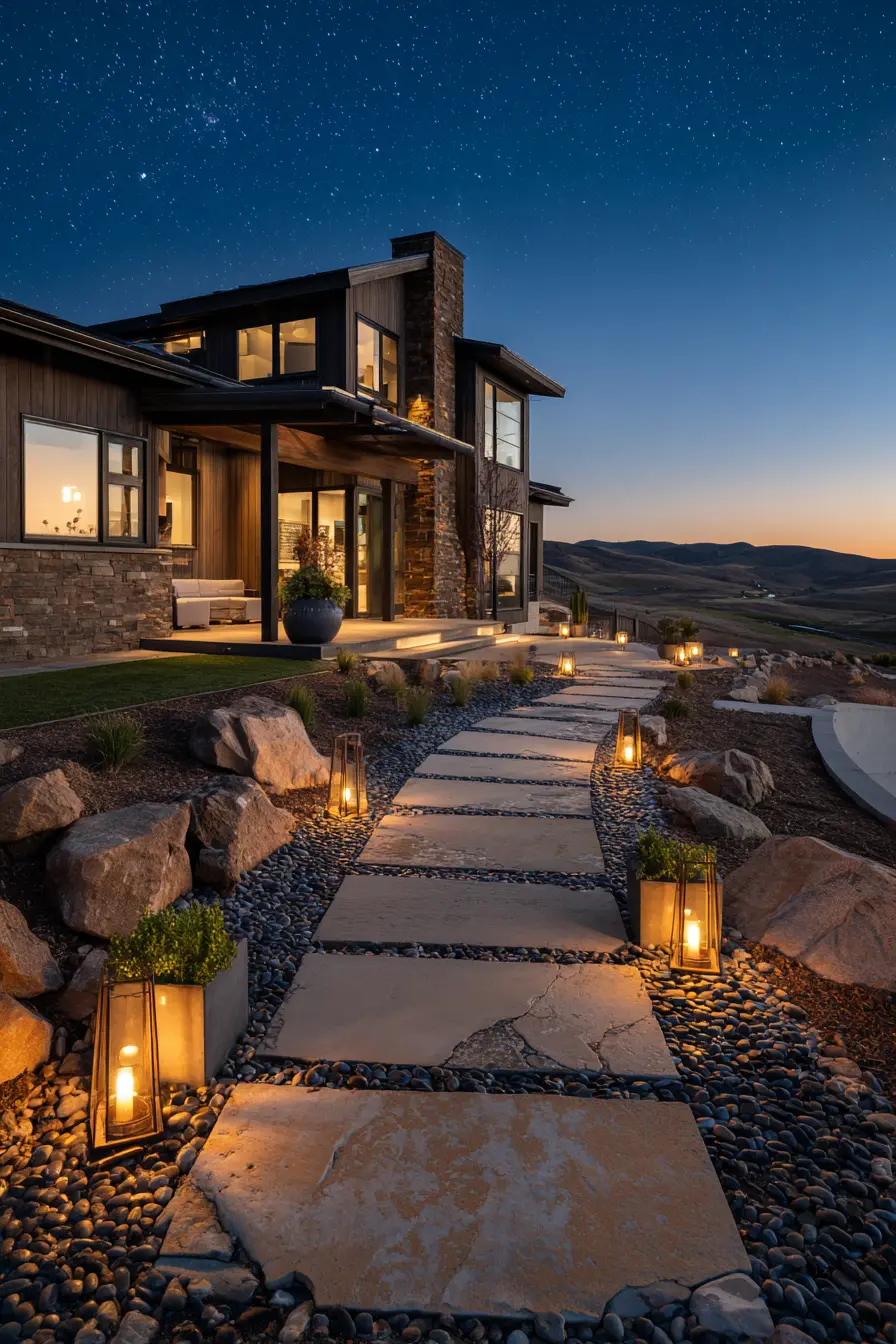 Modern Stone Walkway with Lantern Lighting