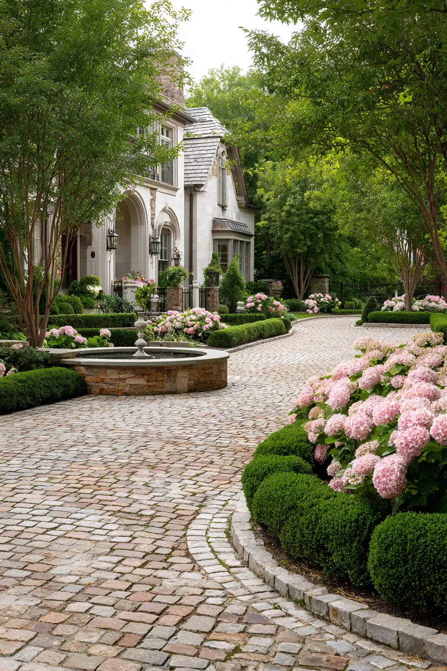 Elegant Cobblestone Parking Pad with Garden Charm