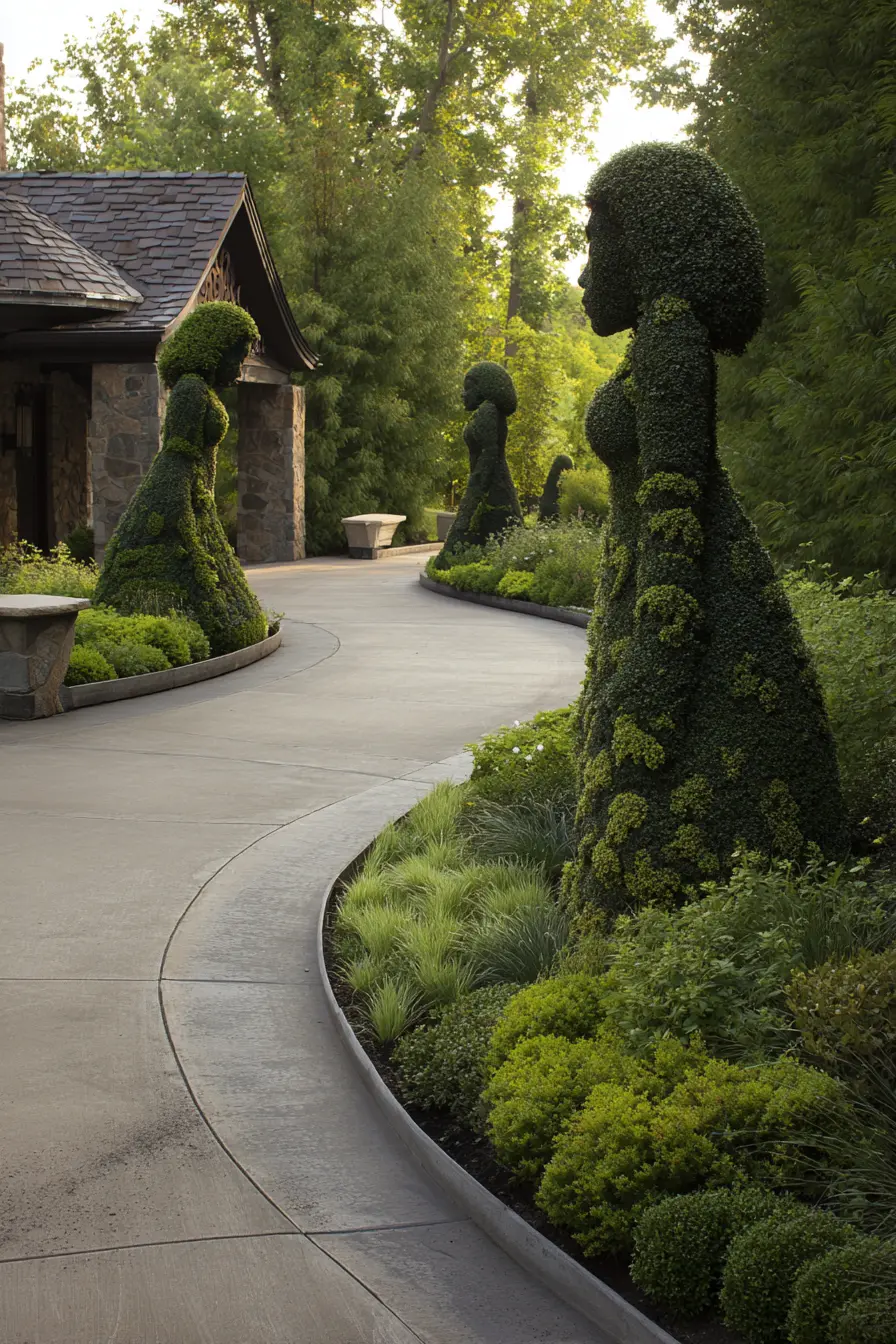 Driveway Island with Artistic Topiary Figures