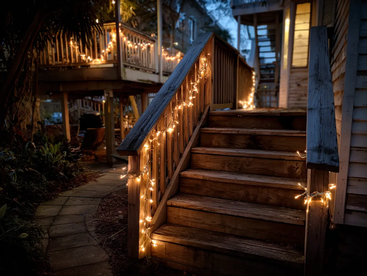 Illuminate Outdoor Staircases by Decorating Them With String Lights