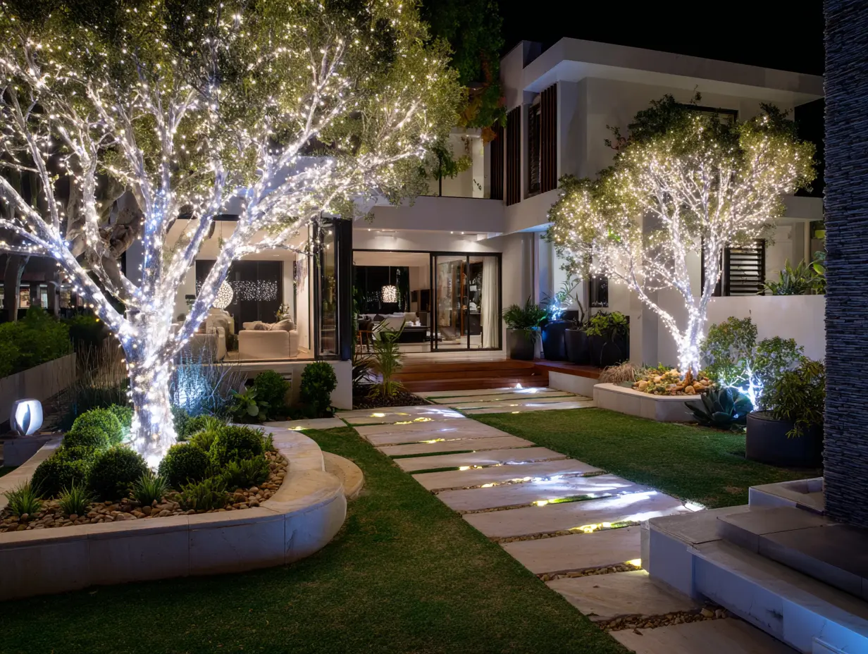 String Fairy Lights Through Trees and Bushes for a Vibrant Look
