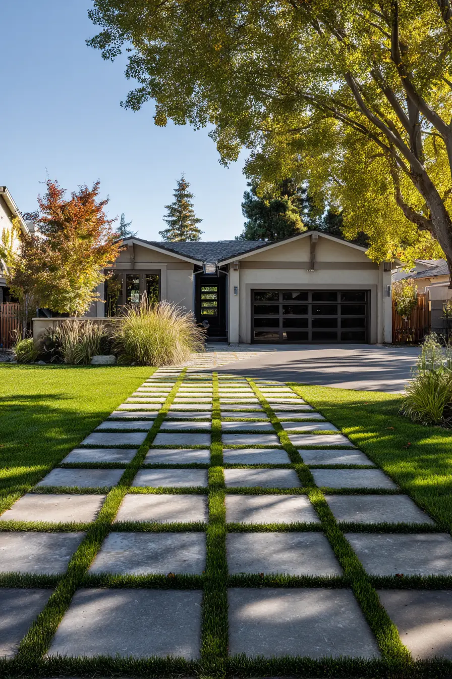 Modern Grid Driveway with Grass Inlays