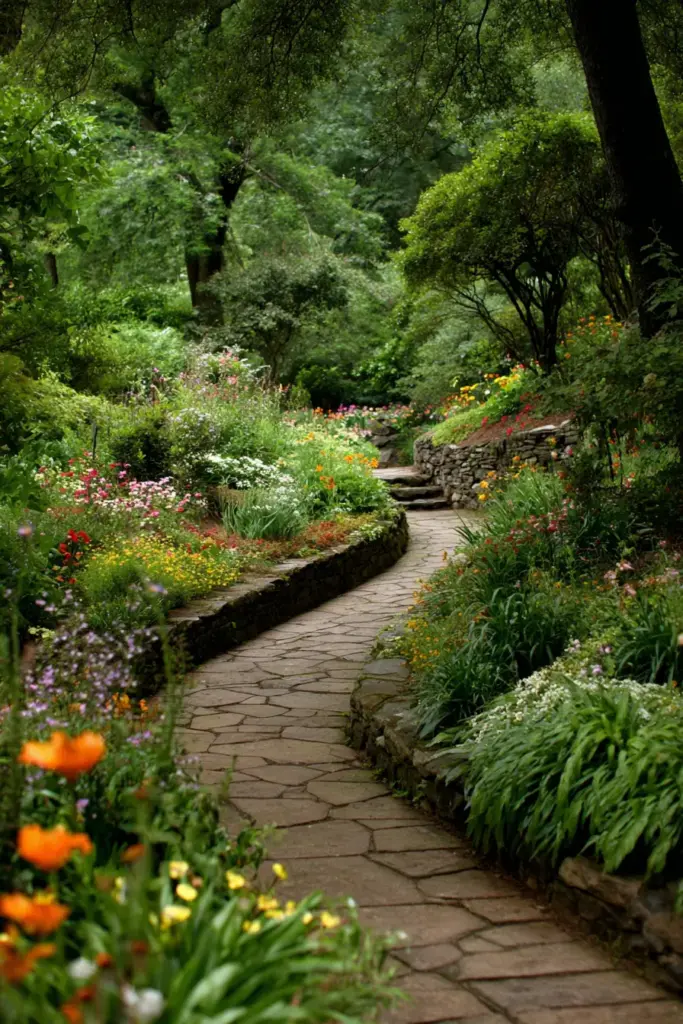 Winding Limestone Walkway Through a Flower Garden