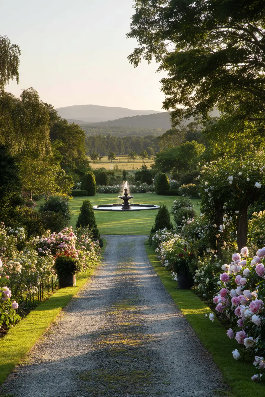 Gravel Driveway Leading to a Garden Fountain