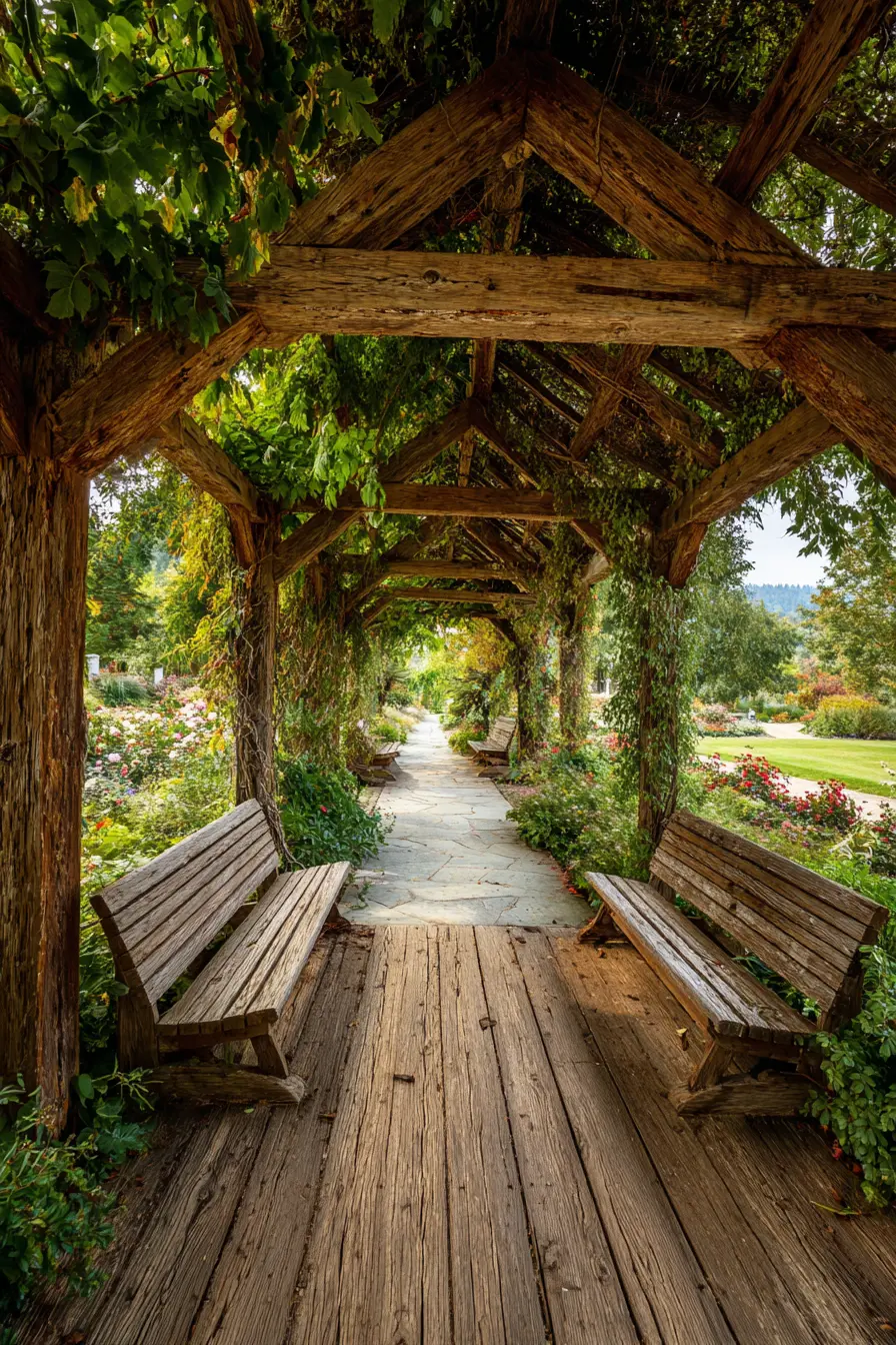 Rustic Wooden Covered Walkway with Garden Benches