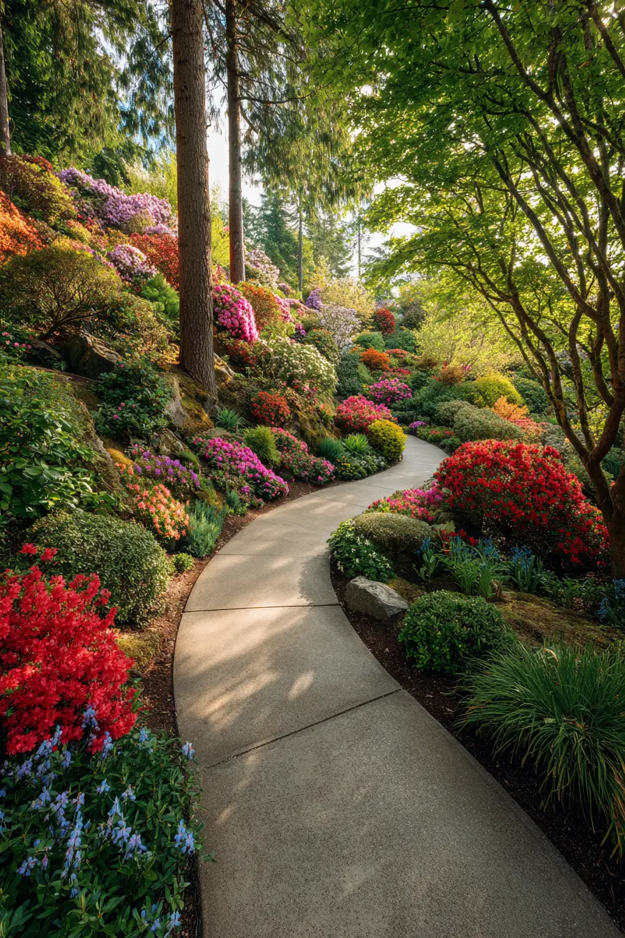 Cement Walkway Surrounded by Colorful Blooms