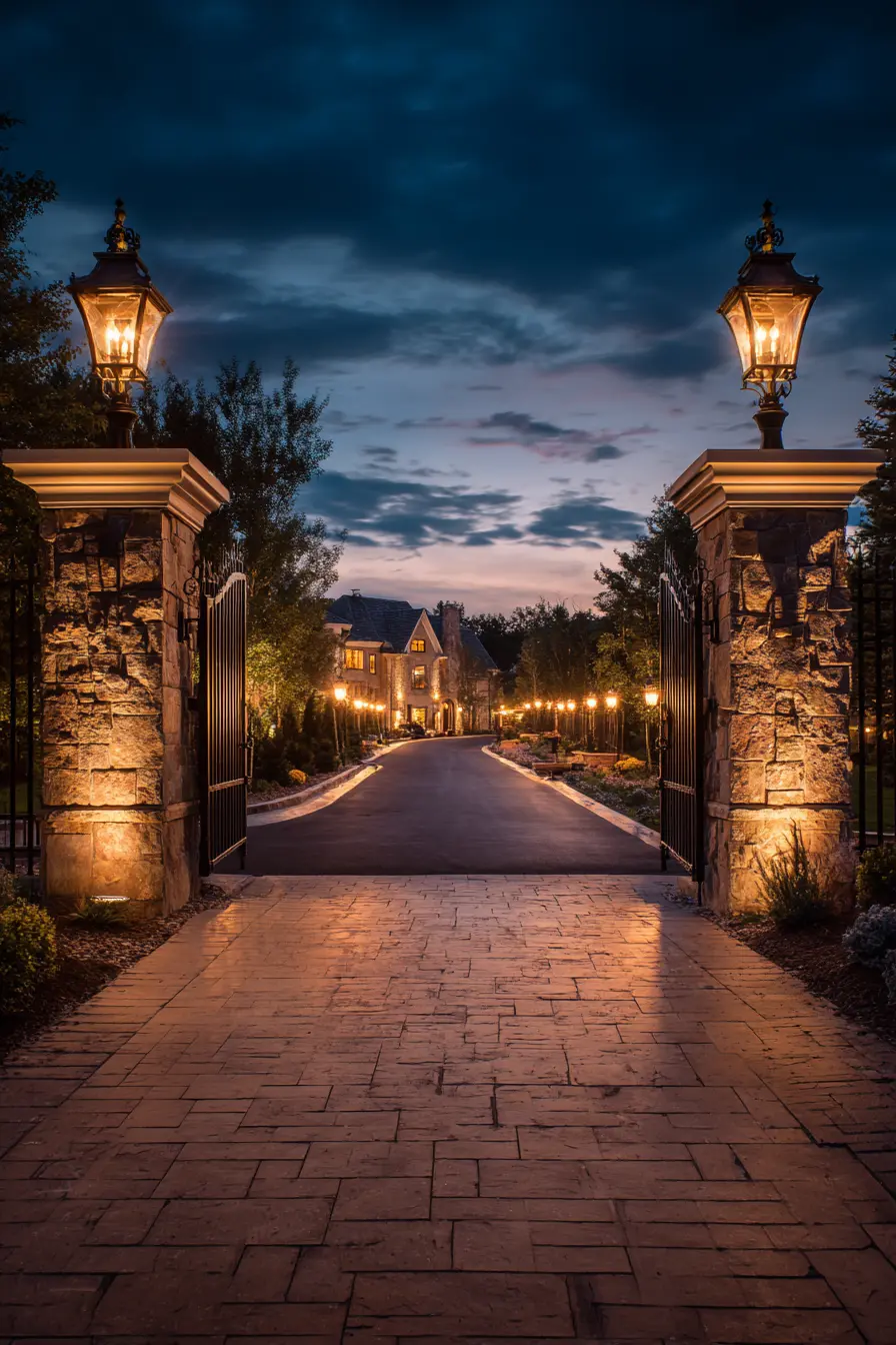Grand Entrance with Gate Lanterns and Pathway Lights