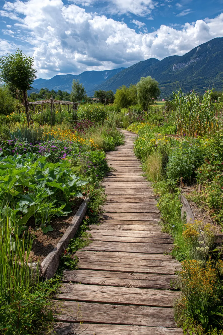 Wooden Pathway Through a Colorful Countryside Garden