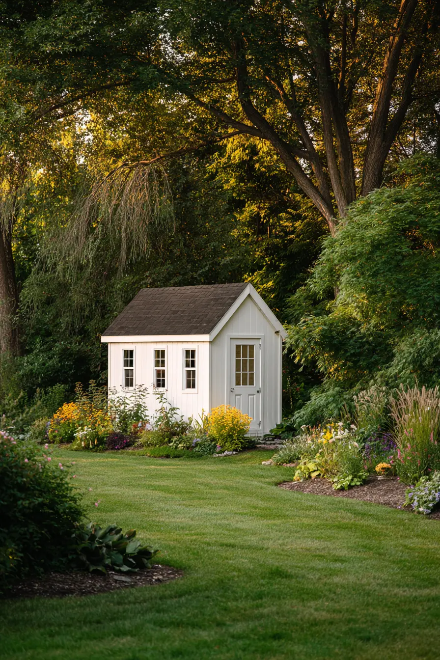 Crisp White Metal Shed with Classic Elegance