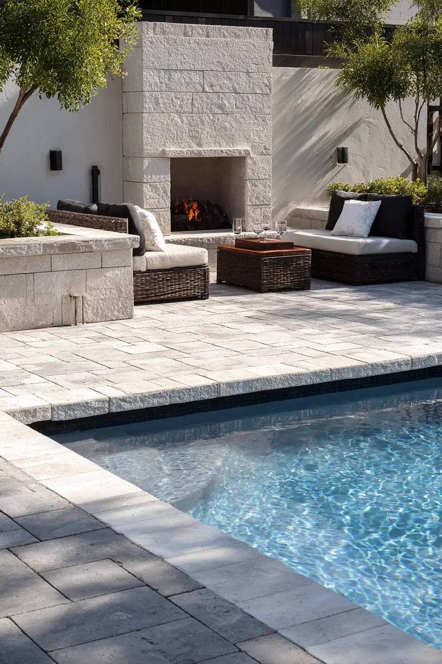 Classic Stone Coping with Outdoor Fireplace