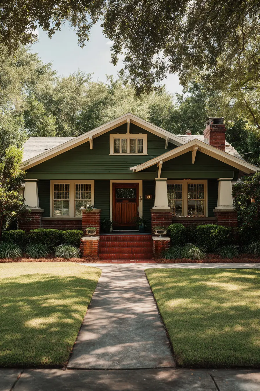 Classic Craftsman with Dark Green Exterior and Brick Accents