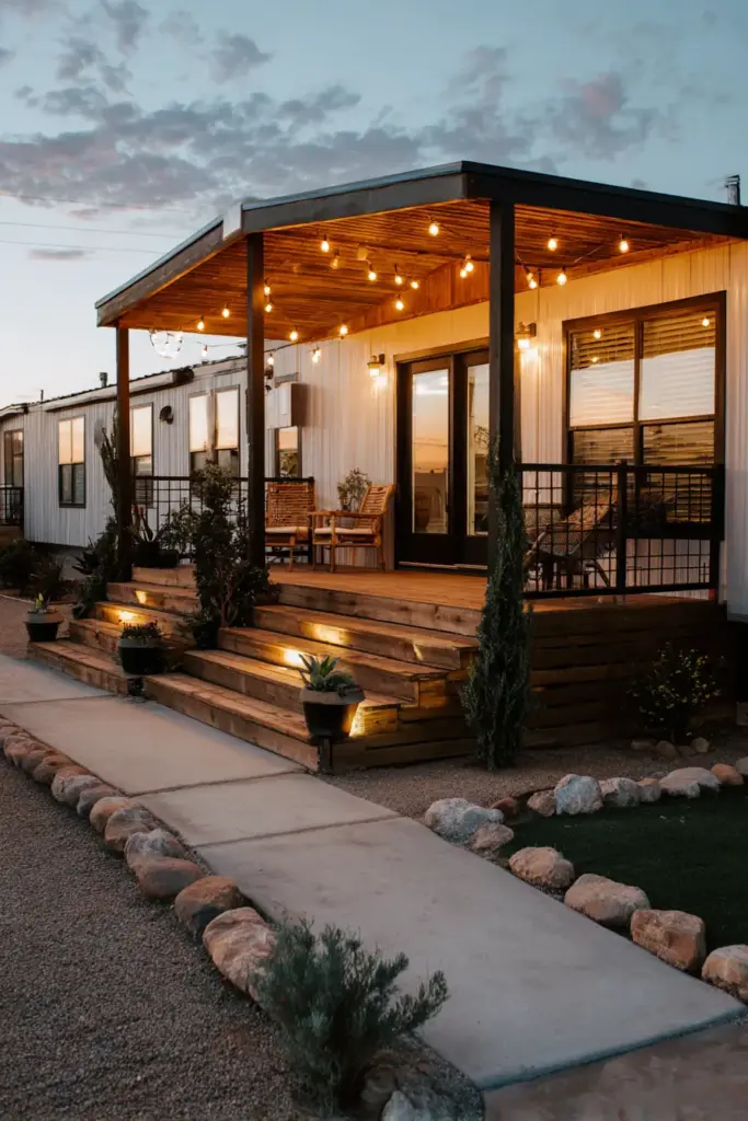 Welcoming Porch with Warm Lighting for a Mobile Home