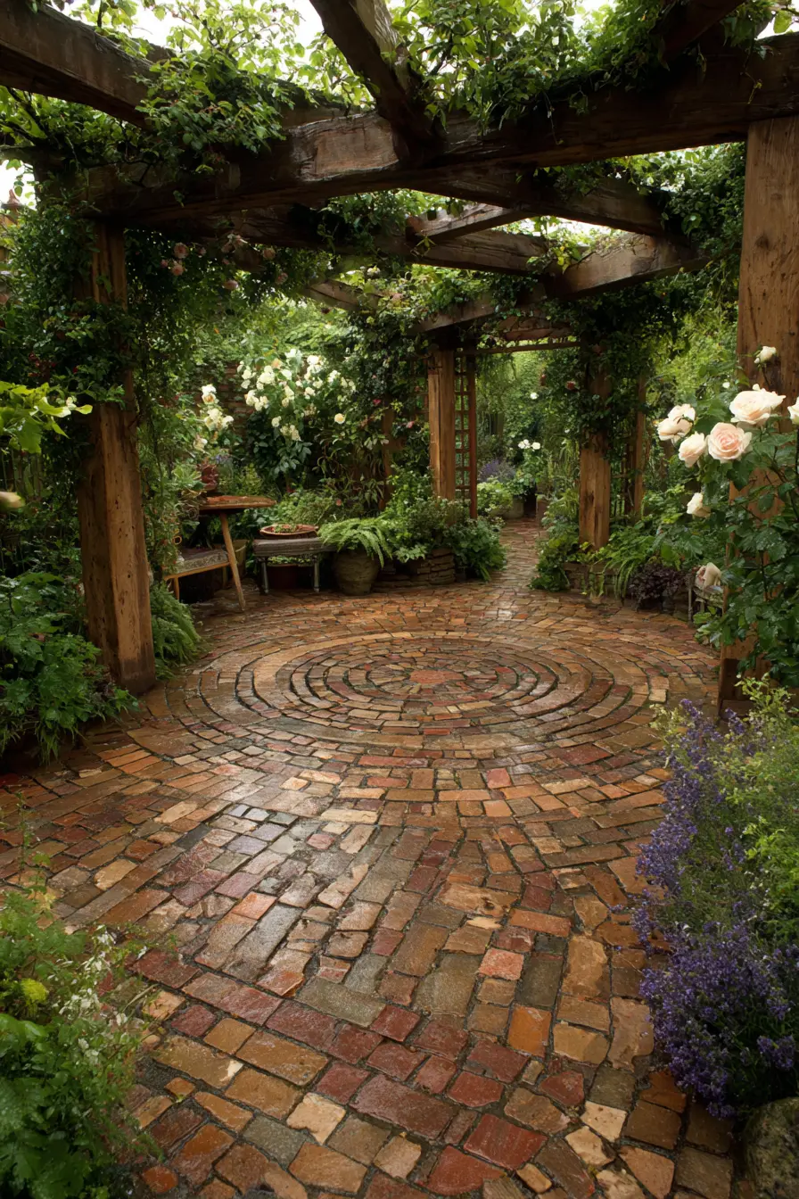 Rustic Circular Brick Patio with Pergola Charm