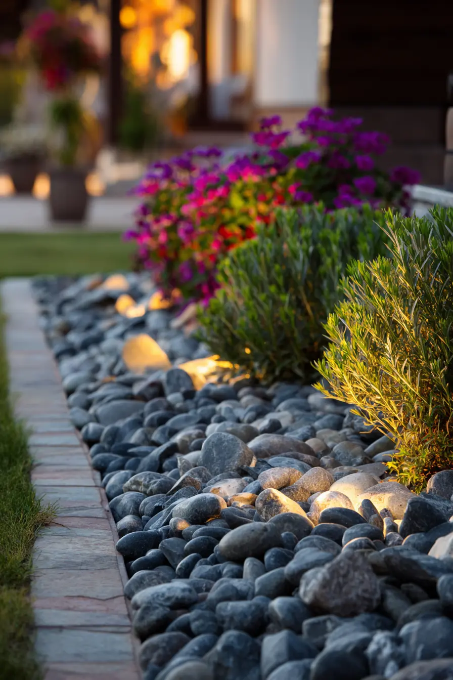 Pebble Rock Border with Garden Lighting