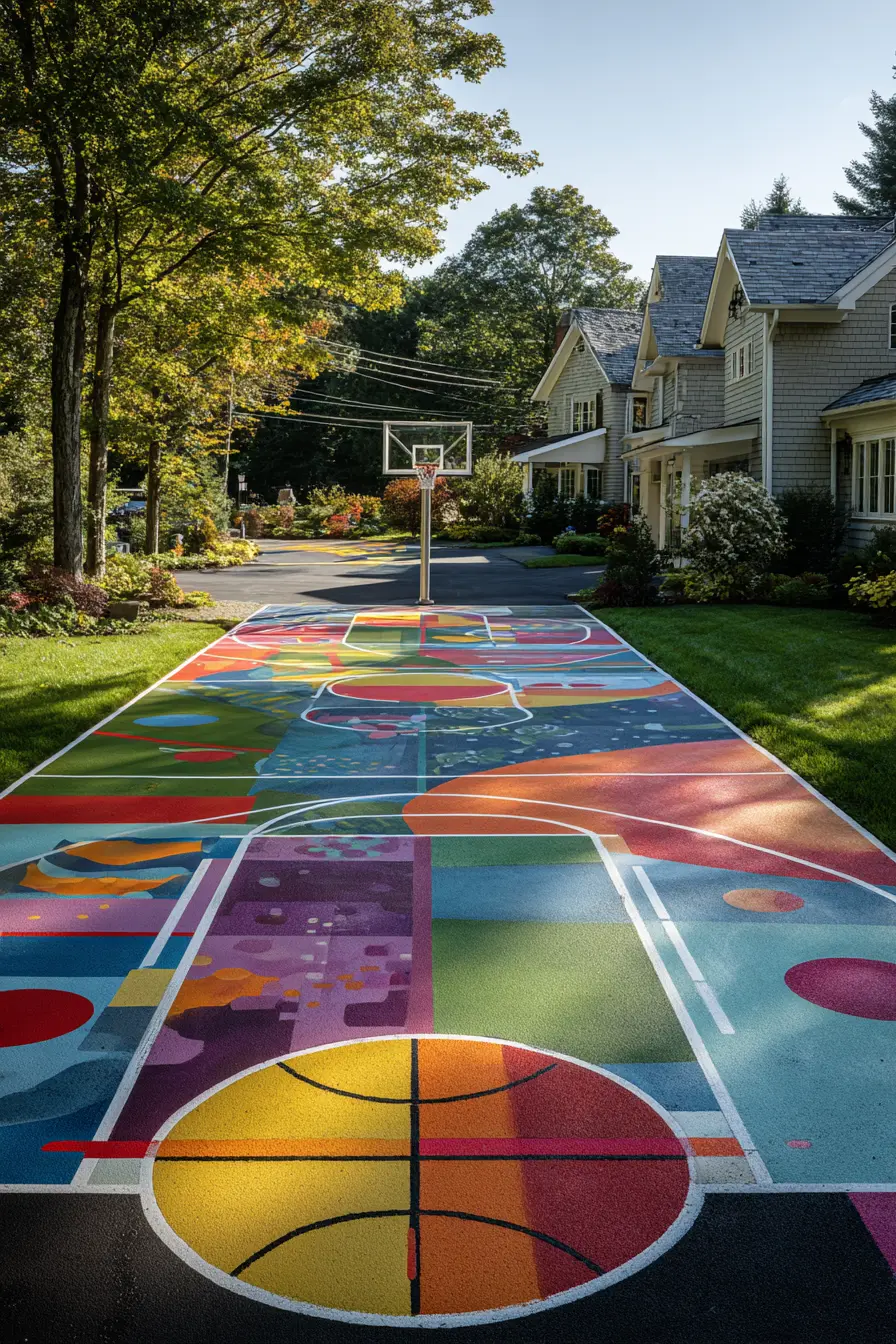 Colorful Driveway Basketball Court with Artistic Flair