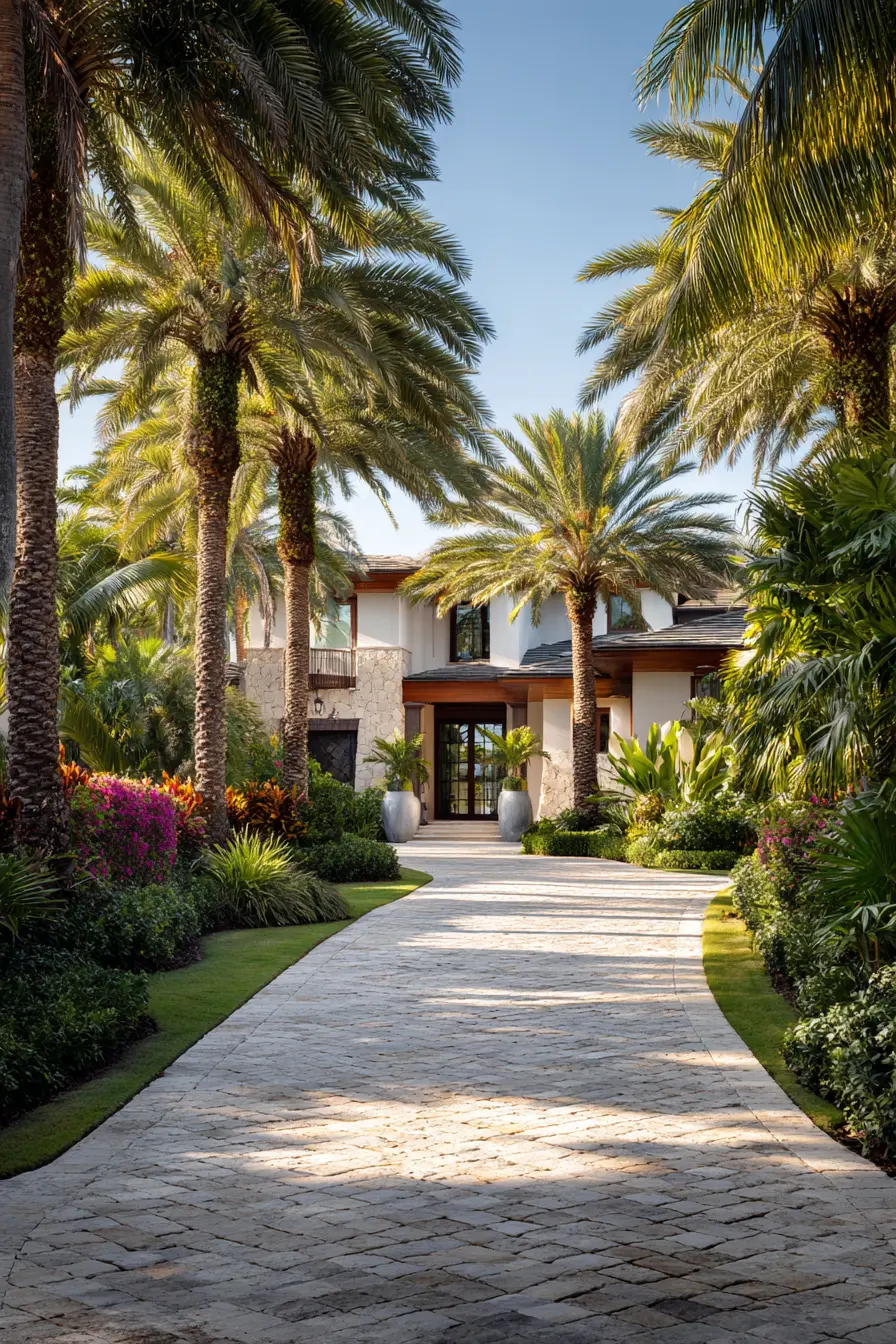 Warm Stone Driveway with Tropical Charm