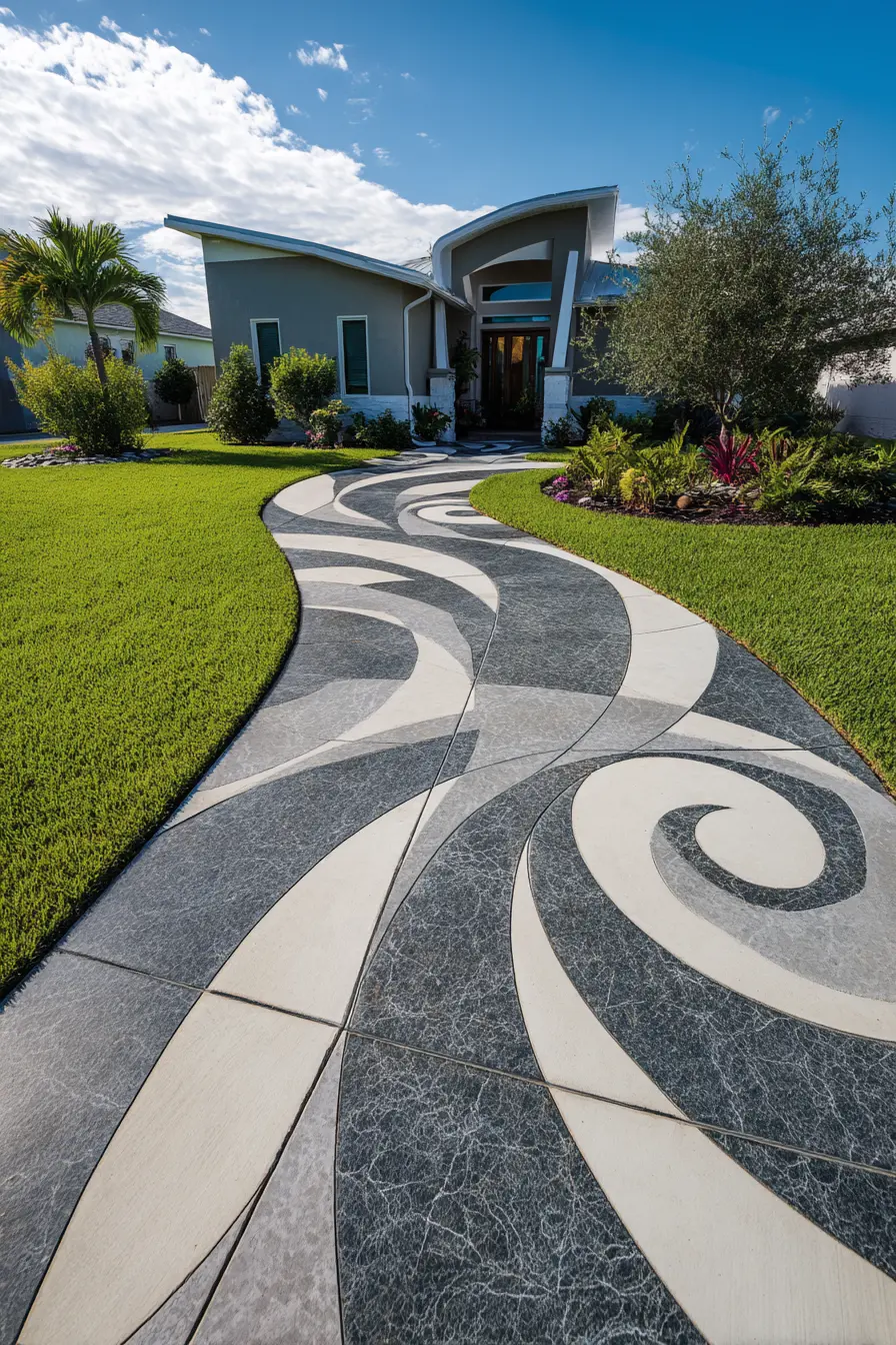 Modern Driveway with Bold Swirl Design