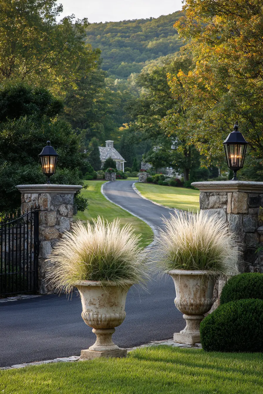 Elegant Driveway Entrance Planters with Ornamental Grasses