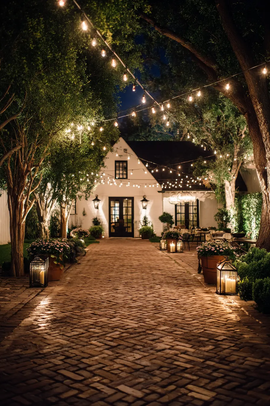Brick Driveway Patio with Enchanting String Lights
