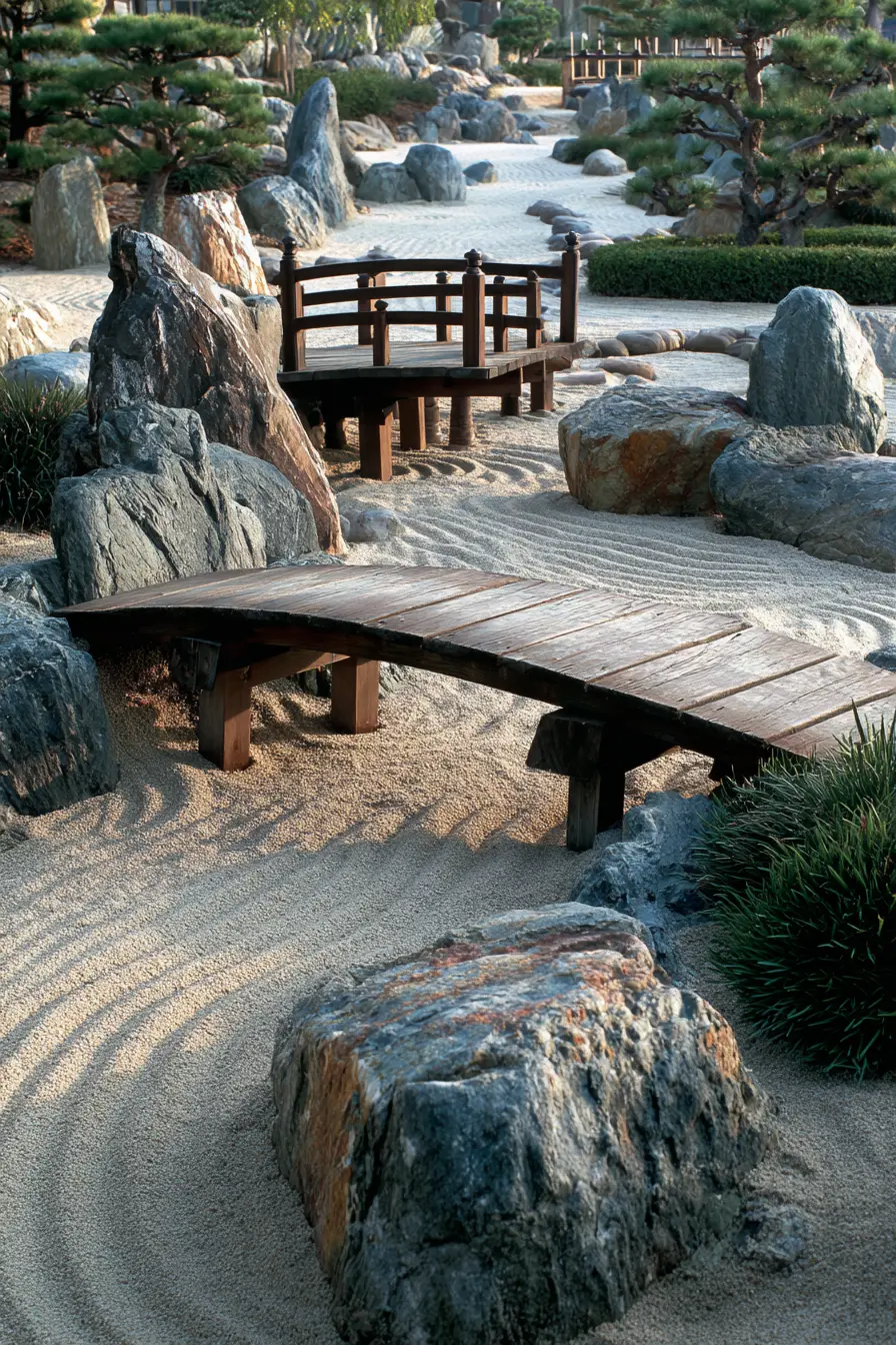 Zen-Inspired Railroad Tie Walkway with Wooden Bridges