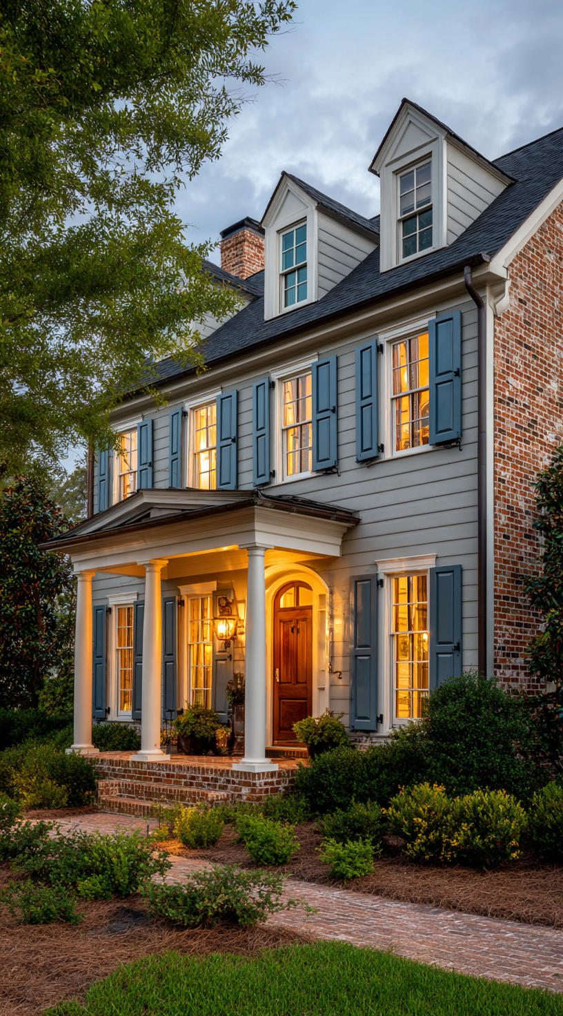 Soft Gray Siding with Blue Shutters and Red Brick