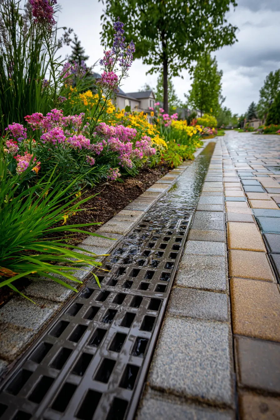 French Drain Beside a Colorful Garden Path