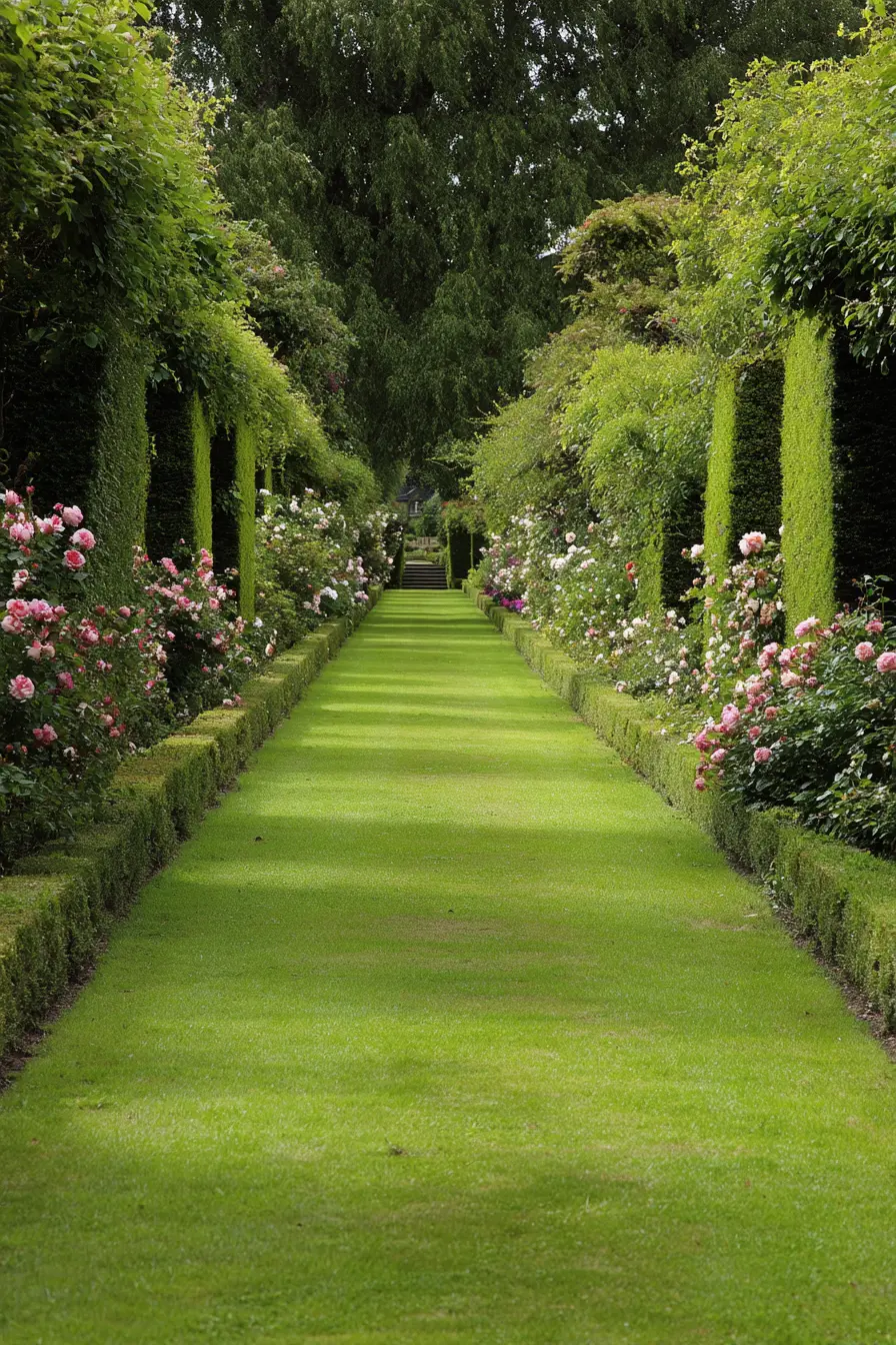 Elegant Grassy Path with Rose Borders